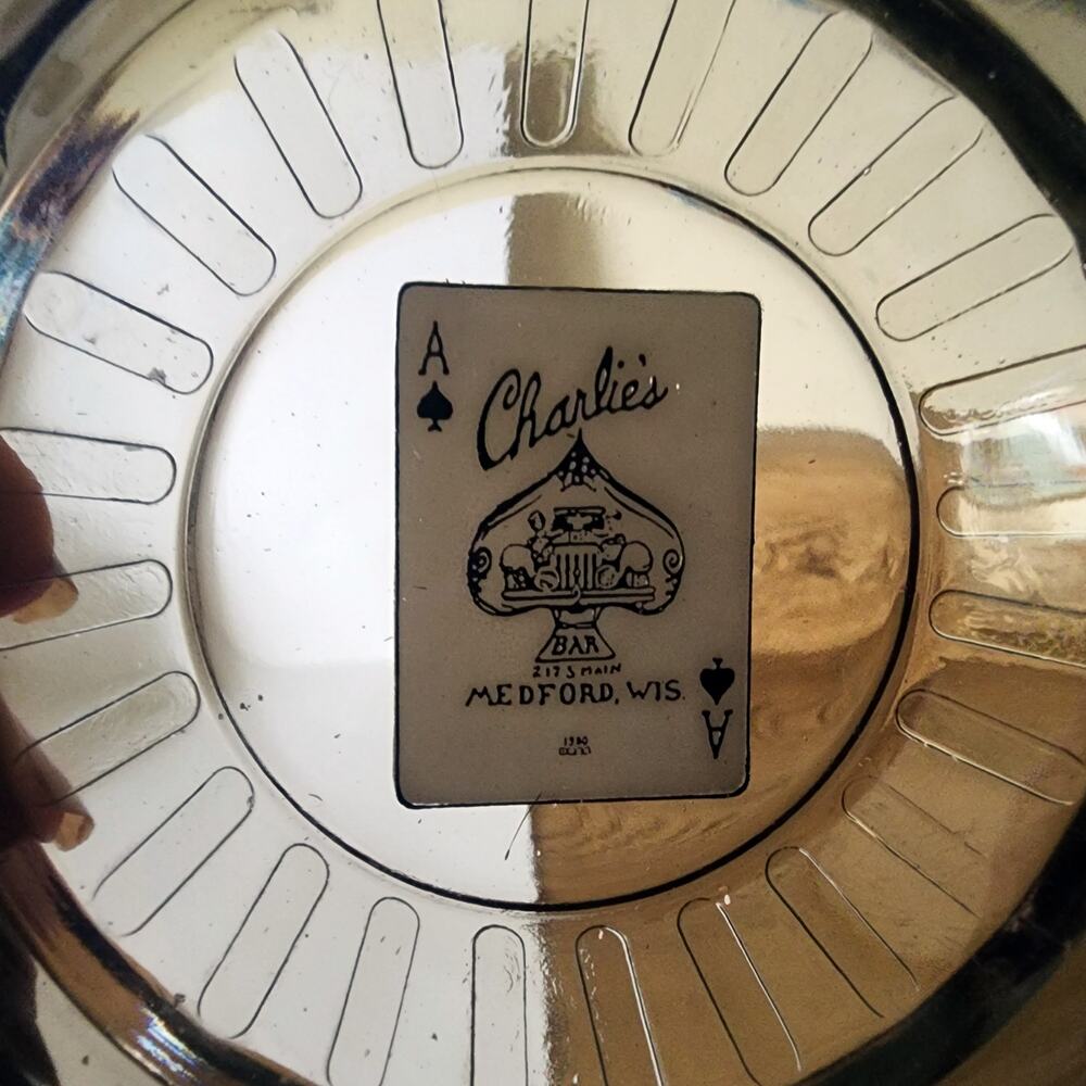 Vintage Charlie's Bar Medford WI Ace of Spades Smoked Glass Ashtray Breweriana